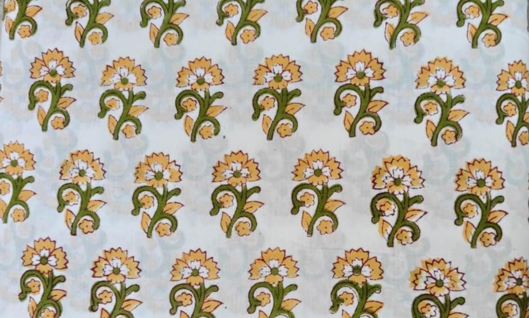 Hand Block Printed Cotton Fabric, Floral Buti Print Fabric by the Yard, Soft White Fabric for Dressmaking, Quilting & Home Decor Fabric