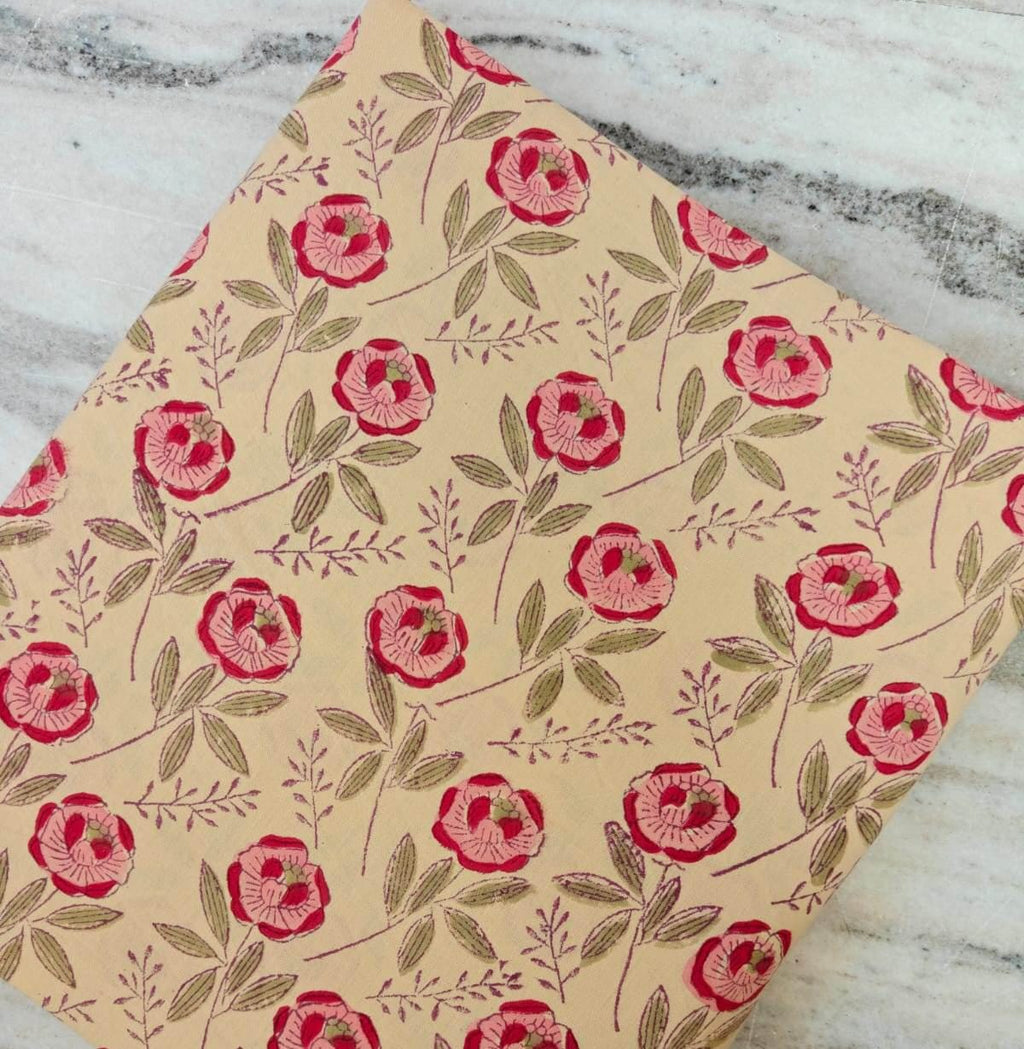 Floral Cotton Fabric by the Yard, Red & Pink Flower Print on Cream, Vintage Inspired Botanical Quilting Fabric, Soft Craft and  Dressmaking