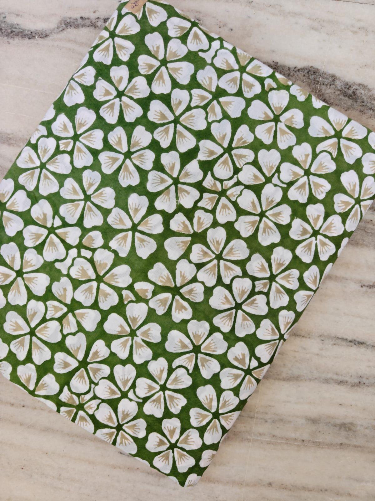 Green Floral Cotton Fabric, White Flower Print Fabric, Botanical Cotton Fabric by the Yard, Block Print Style Fabric, Quilting Sewing Fabric
