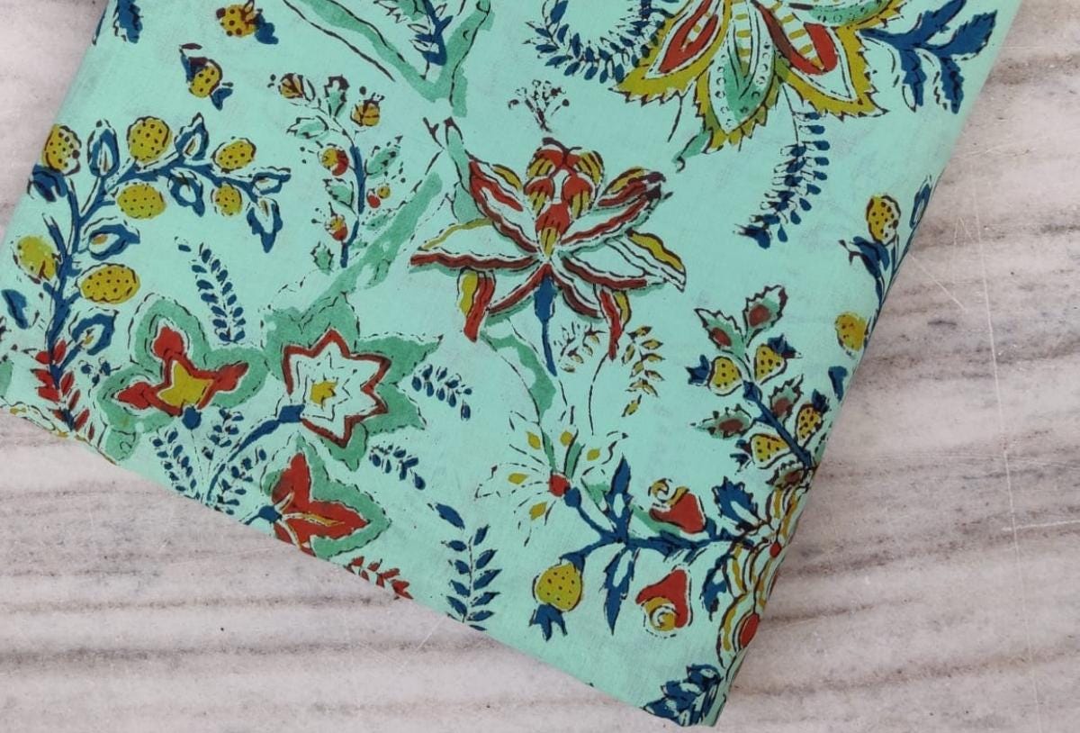 Green Indian Hand Block Print Fabric, 100% Cotton Quilting Fabric By The Yard, Dressmaking Fabric, Loose Running Fabric, Napkin Fabric