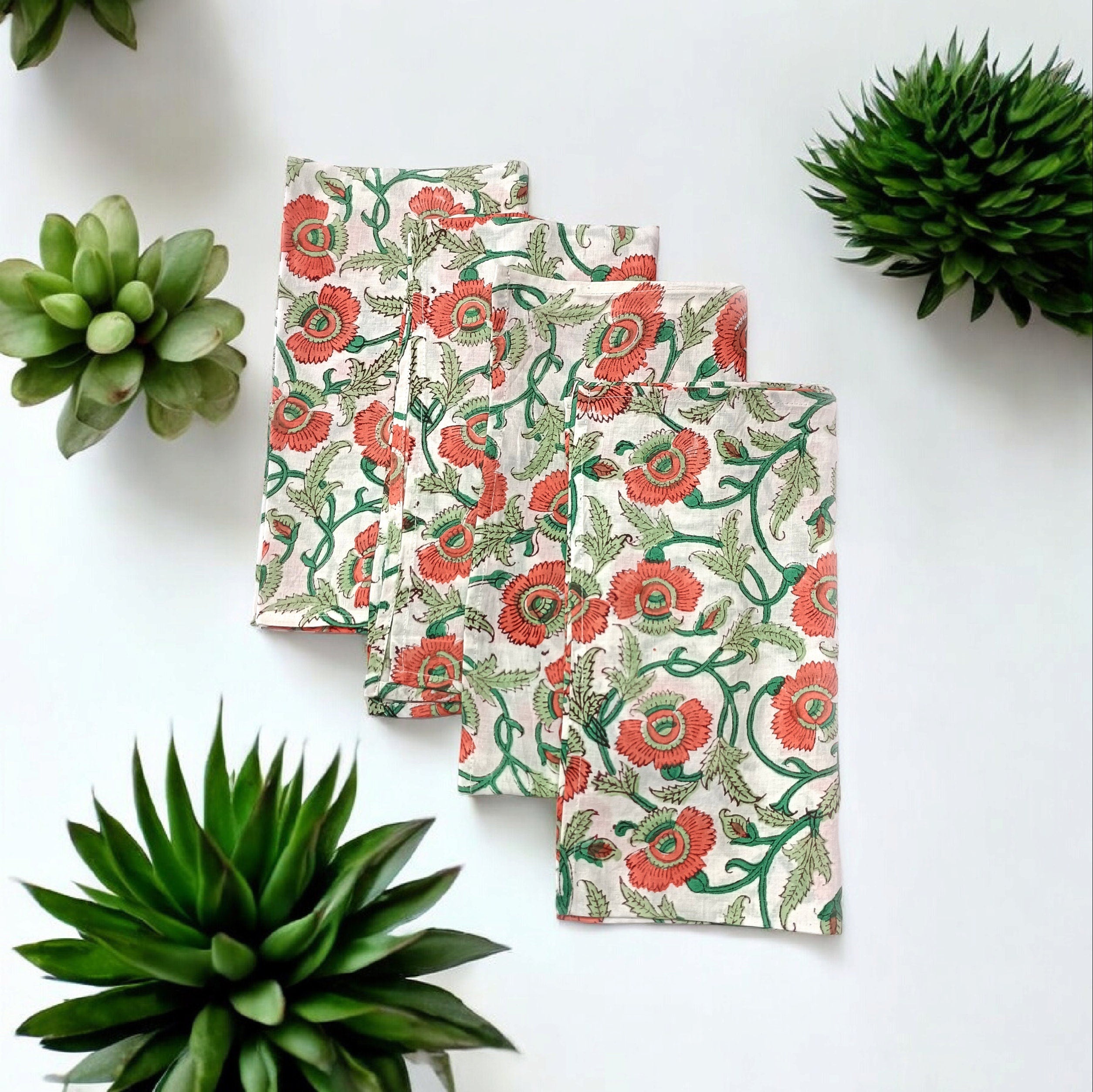 Hand Block Printed Cotton Napkins: Indian Floral Dinner Napkins, 18x18 Inches
