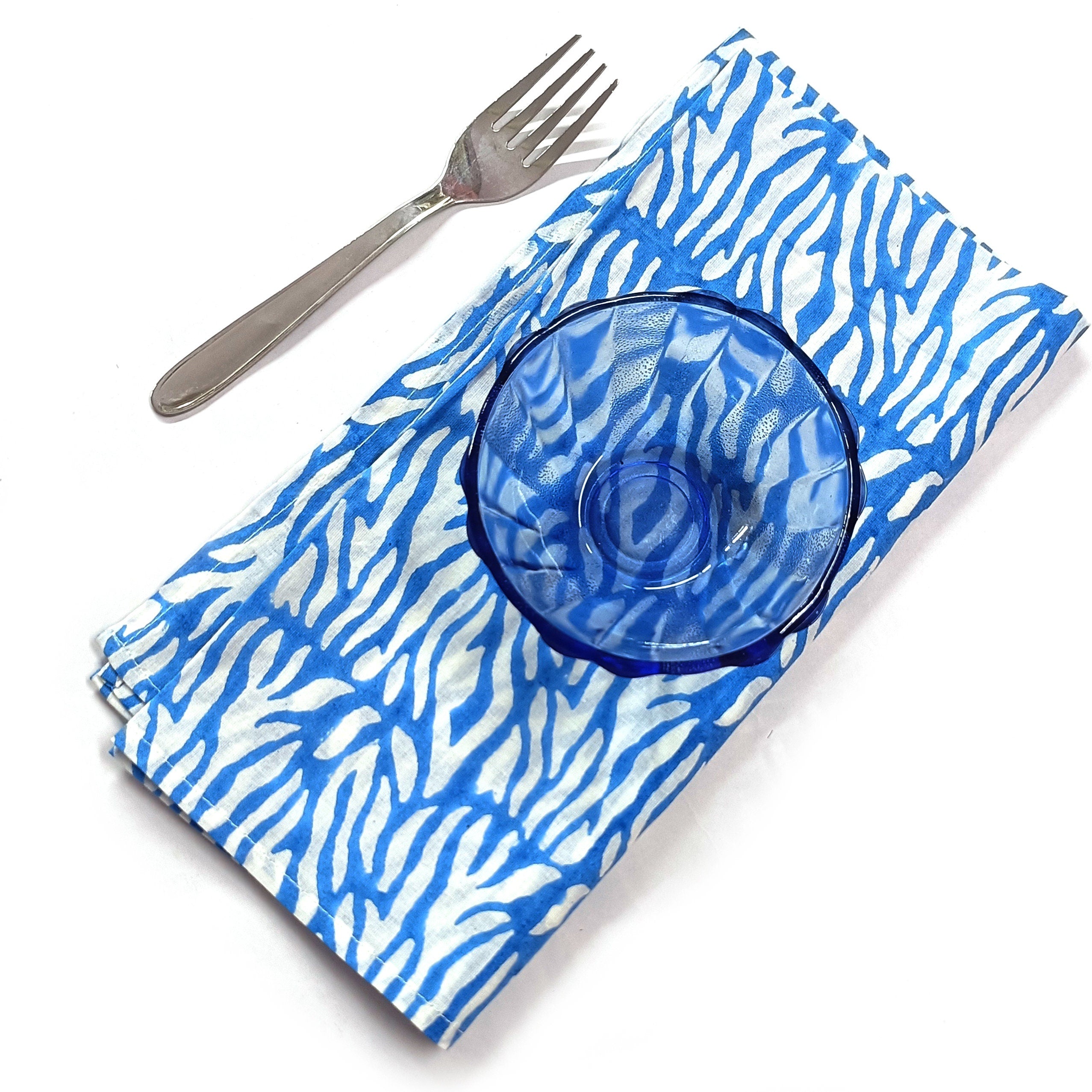 Blue Abstract Print Cotton Napkin Set, Hand Block Printed Cloth Napkins, Reusable Eco Friendly Dinner Napkins, Modern Table Linen, Sustainable Kitchen Decor Set of 4