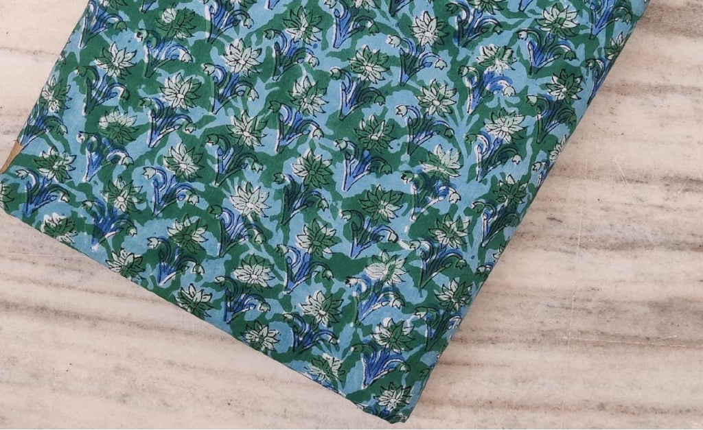 Blue Green Floral Cotton Fabric, Indian Hand Block Print Fabric, Floral 100% Cotton Fabric By The Yard, Loose Running Fabric, Textile Fabric