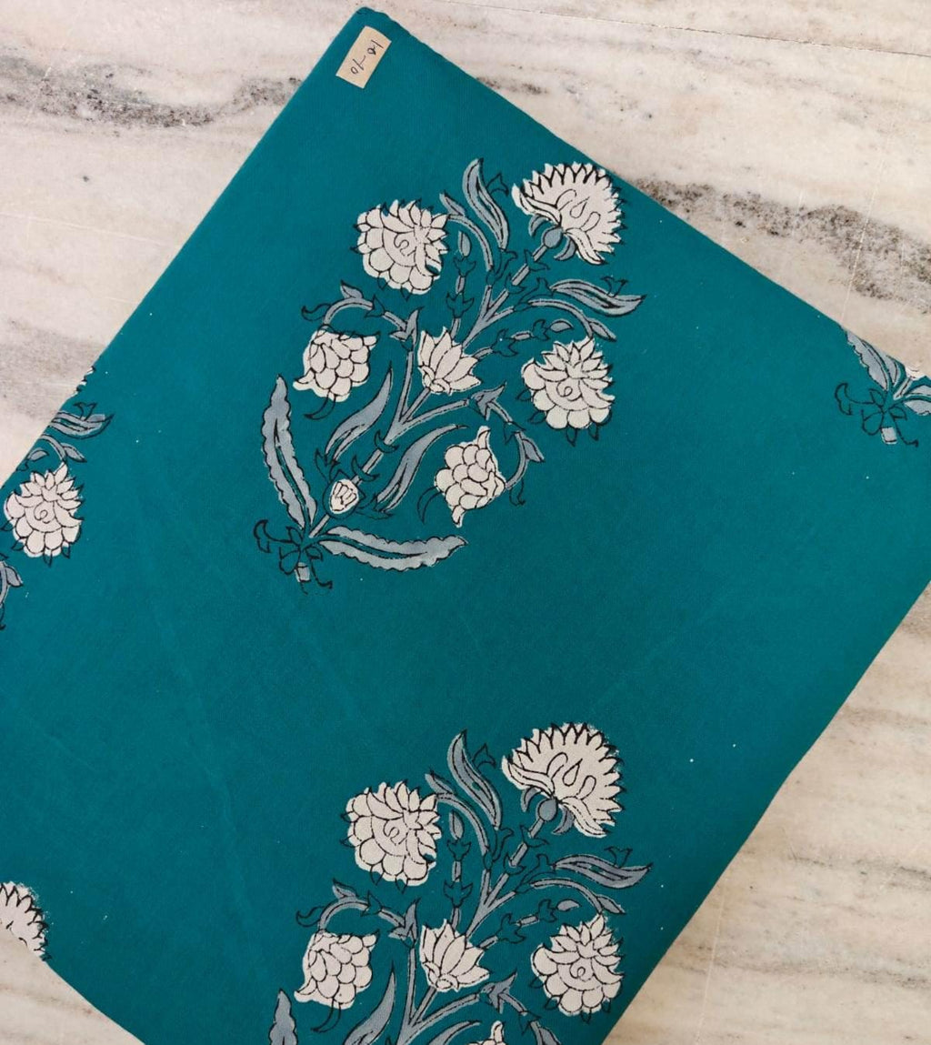 Teal Floral Cotton Fabric, Indian Block Print Fabric, Hand Block Style Fabric by the Yard Boho Floral Fabric for Sewing Quilting Dressmaking