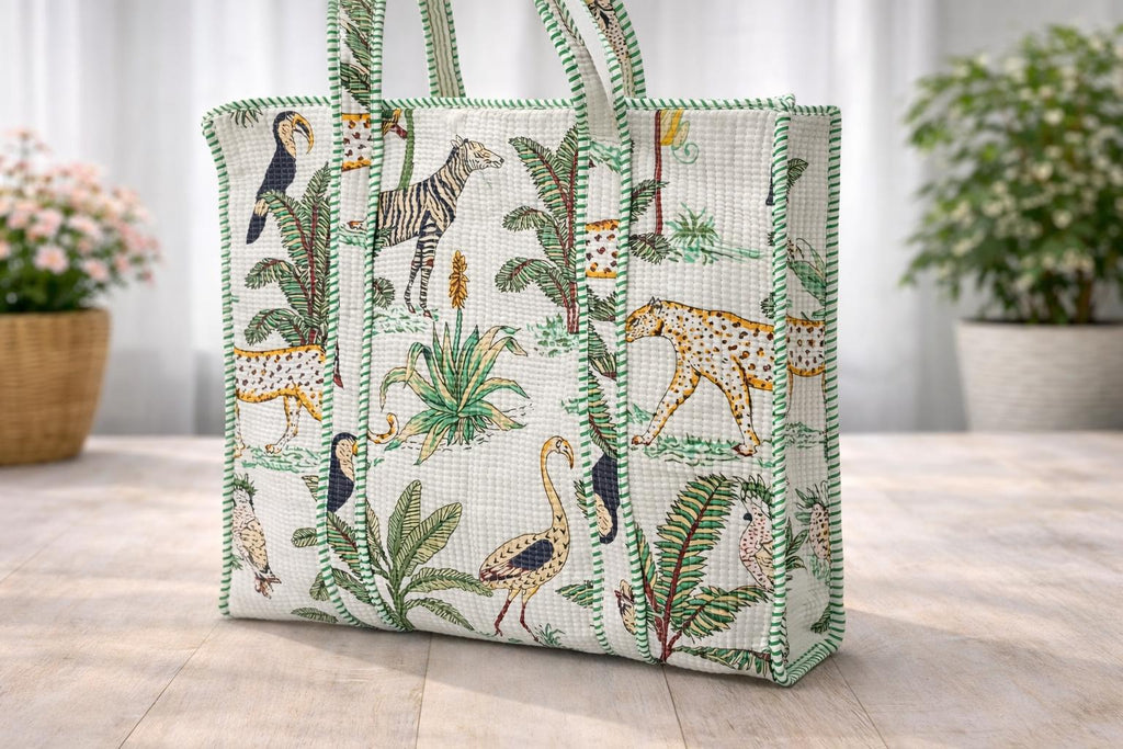 Jungle Print Quilted Tote Bag, Handmade Cotton Block Print Shoulder Bag, Large Fabric Shopper, Reusable Market Bag, Safari Animal Tote
