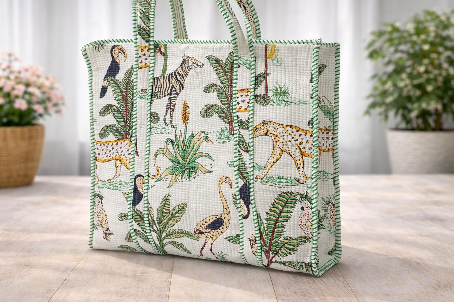 Jungle Print Quilted Tote Bag, Handmade Cotton Block Print Shoulder Bag, Large Fabric Shopper, Reusable Market Bag, Safari Animal Tote
