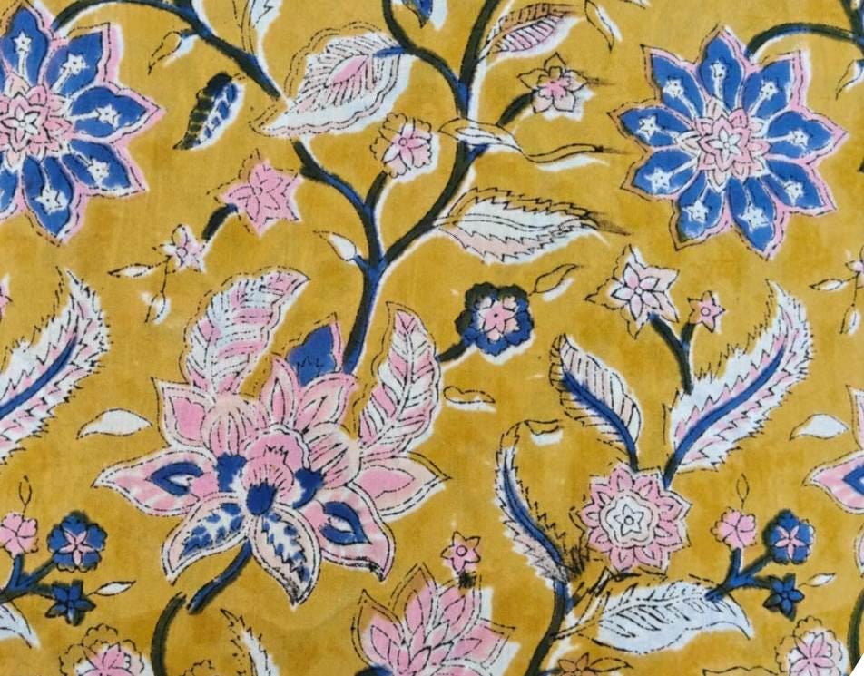Mustard Yellow Floral Cotton Fabric by the Yard, Pink Blue Block Print Fabric, Hand Block Print Cotton, Boho Dressmaking & Quilting Fabric
