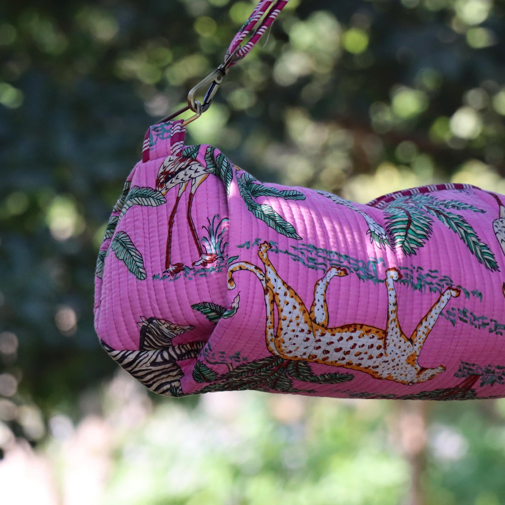 Handmade Yoga Mat Bag, Pink Safari Pattern, Adjustable Strap, Pink Jungle Yoga Mat Holder, Animal Print Gym & Pilates Bag