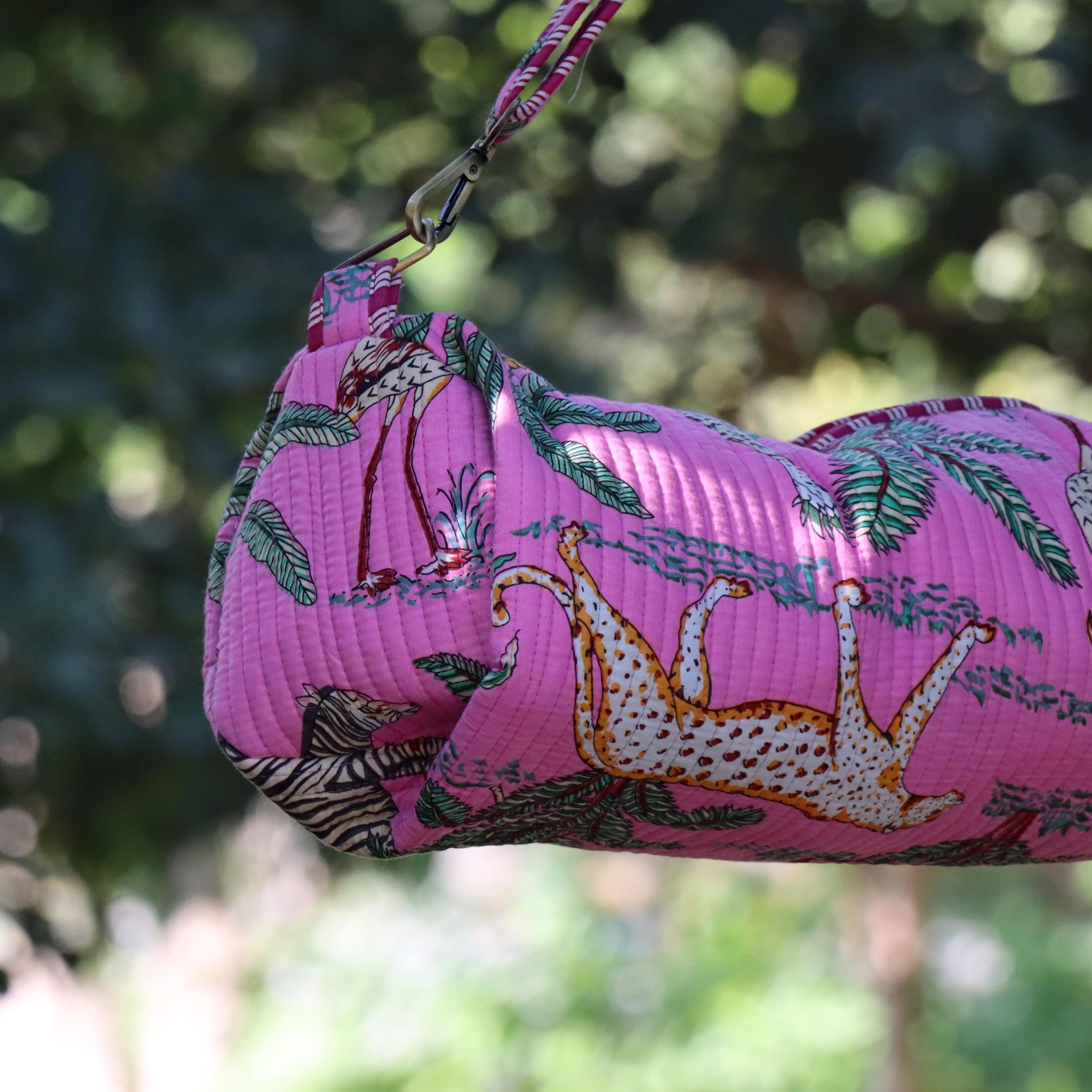 Handmade Yoga Mat Bag, Pink Safari Pattern, Adjustable Strap, Pink Jungle Yoga Mat Holder, Animal Print Gym & Pilates Bag