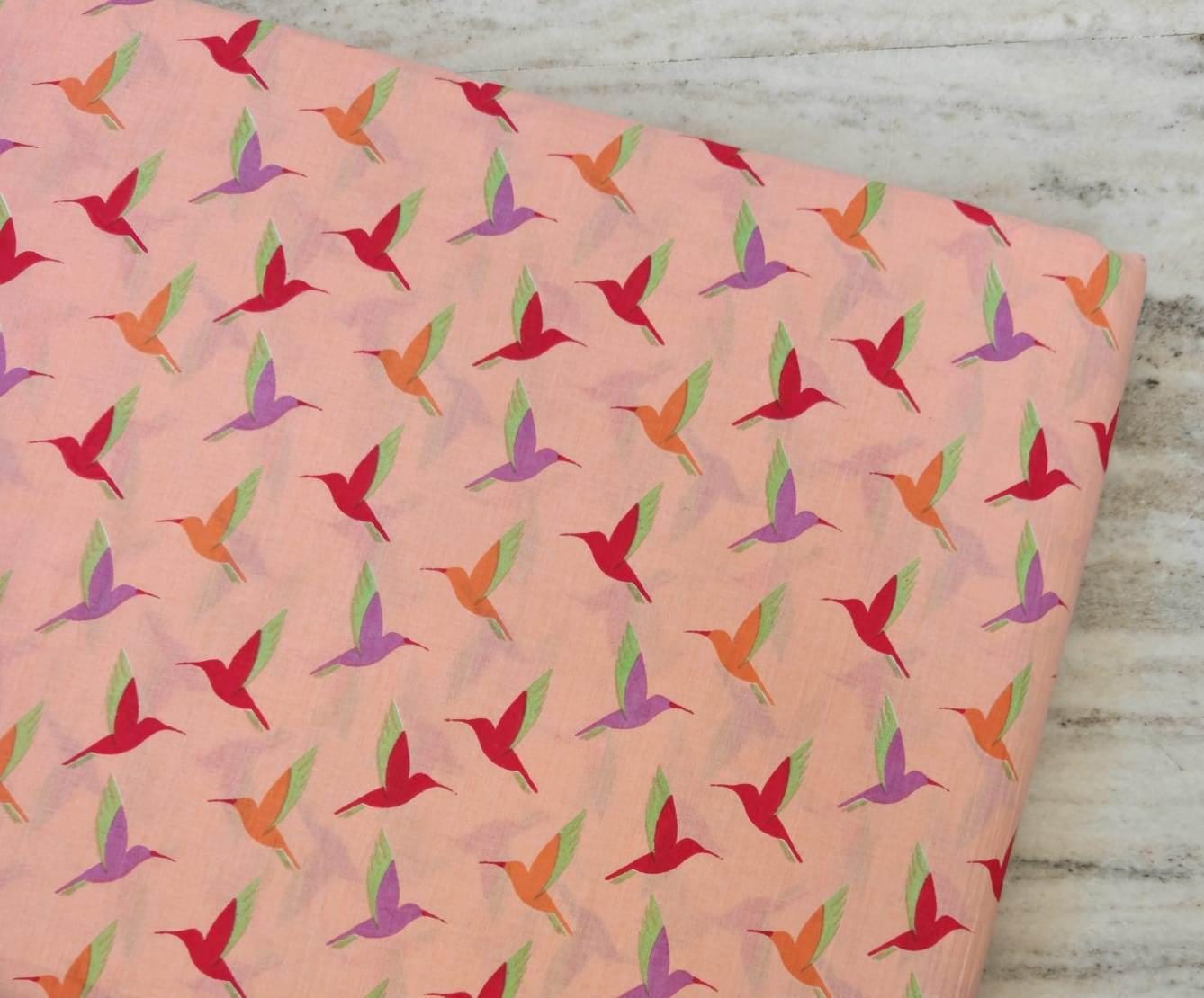 Peach Hummingbird Cotton Fabric, Multicolor Bird Print Fabric, Quilting Cotton by the Yard, Sewing Craft Fabric, Nature Animal Fabric