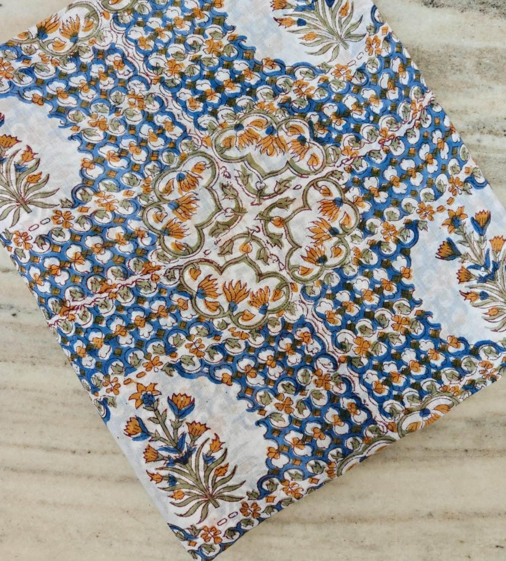 Sky Blue Floral Medallion Cotton Fabric, Hand Block Print Style Textile, Boho Cloth, Soft Lightweight Sewing Fabric, Dress Making Fabric