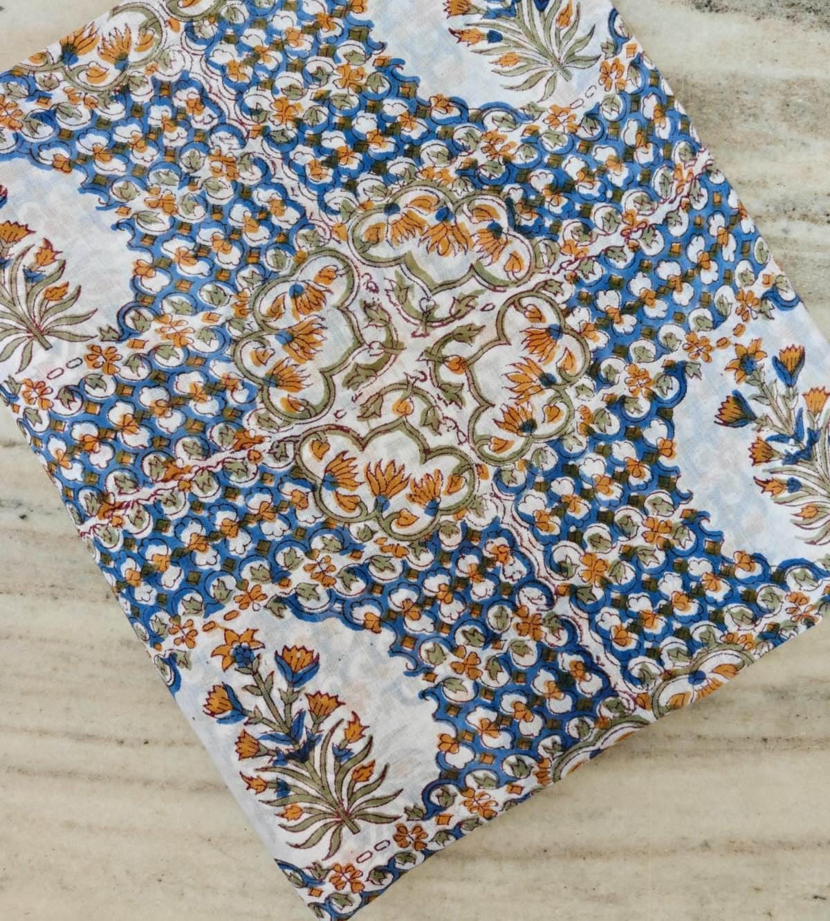 Sky Blue Floral Medallion Cotton Fabric, Hand Block Print Style Textile, Boho Cloth, Soft Lightweight Sewing Fabric, Dress Making Fabric