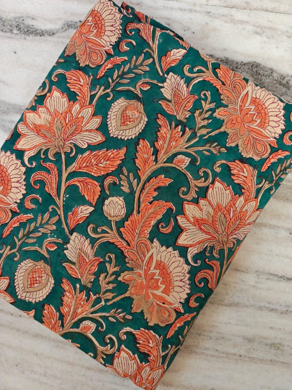 Teal Green Floral Cotton Fabric by the Yard, Orange Lotus Block Print, Indian Handmade Botanical Textile, Loose Running Fabric, Napkins