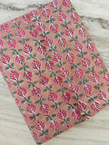 Peach Pink Floral Cotton Fabric, Hand Block Print Fabric, Indian Cotton Textile, Soft Craft Fabric, Dressmaking Quilting Fabric by Yard