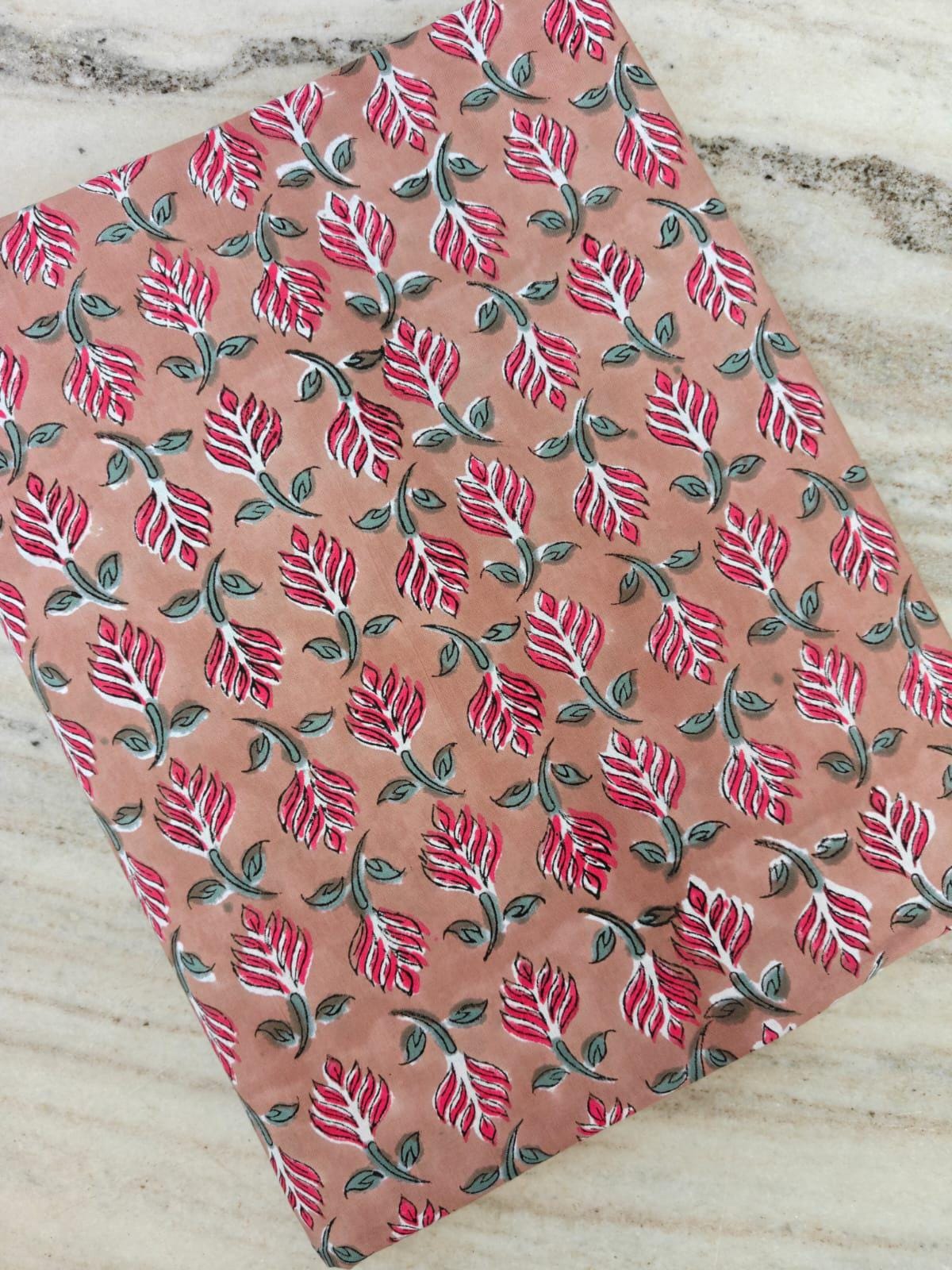 Peach Pink Floral Cotton Fabric, Hand Block Print Fabric, Indian Cotton Textile, Soft Craft Fabric, Dressmaking Quilting Fabric by Yard