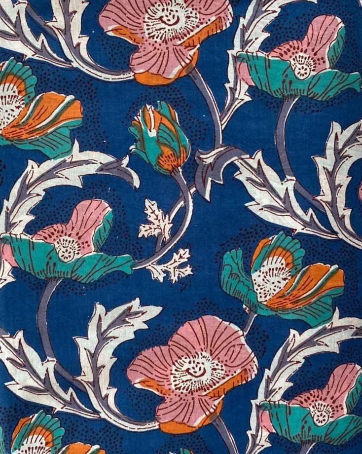 Navy Blue Floral Cotton Fabric, Bold Botanical Print, Pink Orange Flowers, Quilting Cotton, Dressmaking Fabric, Craft Fabric by the Yard
