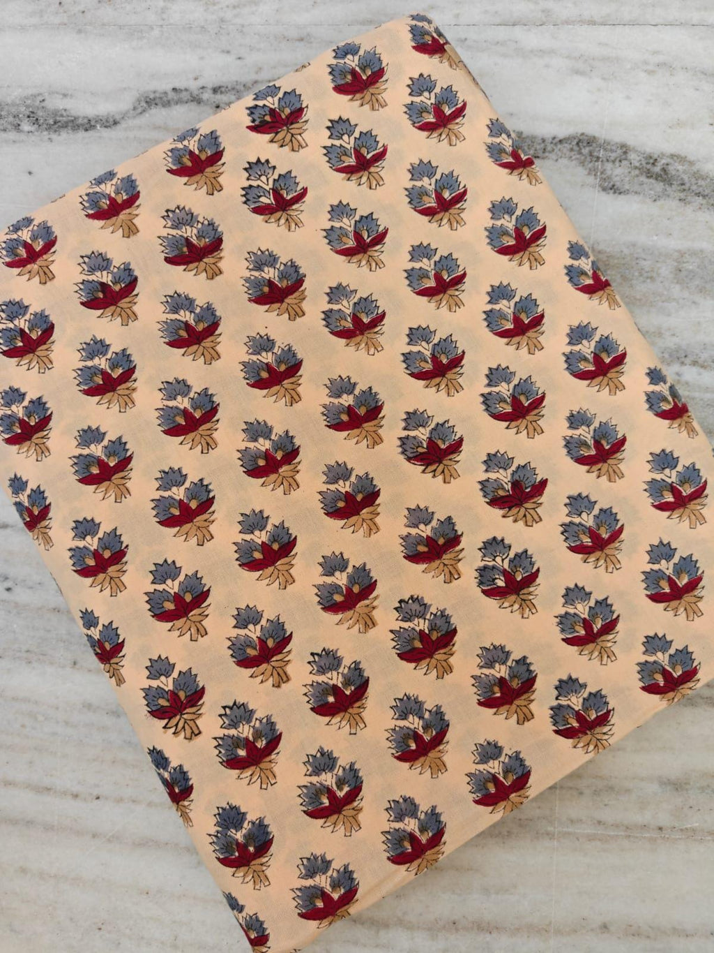 Beige Floral Cotton Fabric by Yard, Small Red Blue Buti Print, Indian Block Print Cotton, Quilting Sewing Craft Dress Fabric, Loose Running