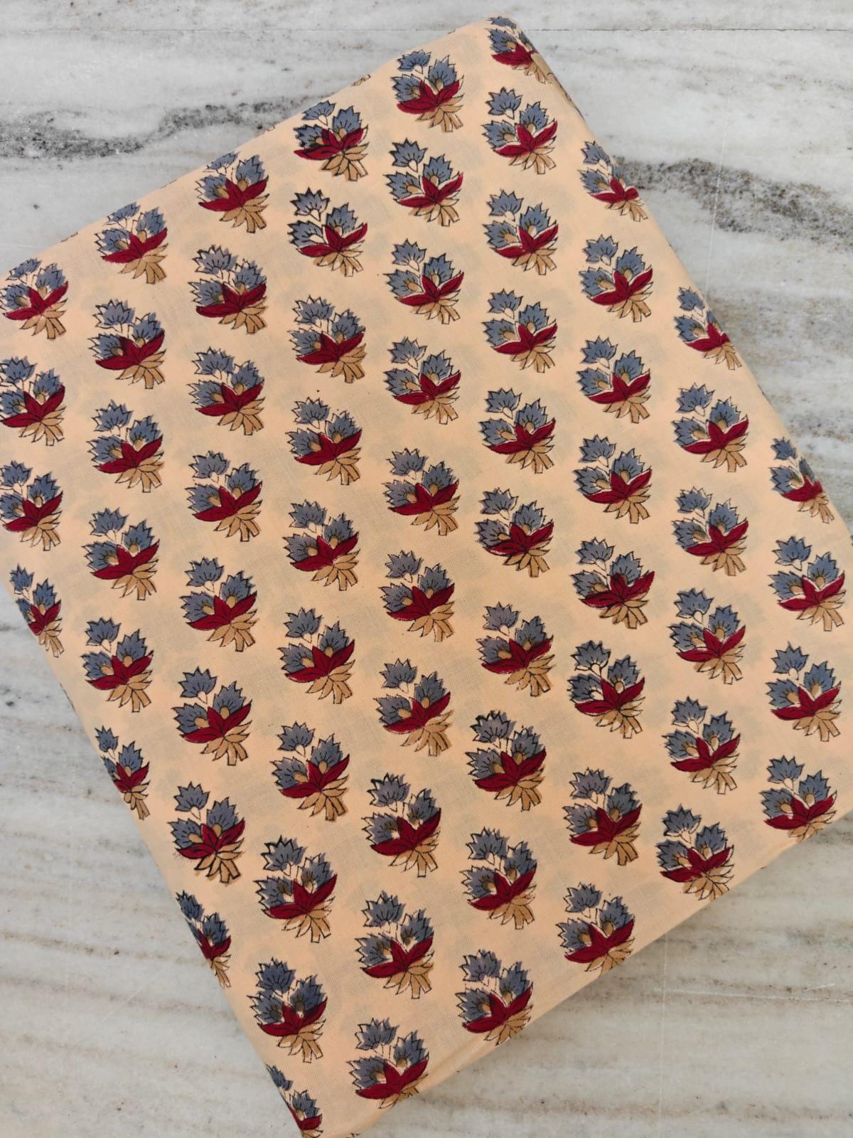 Beige Floral Cotton Fabric by Yard, Small Red Blue Buti Print, Indian Block Print Cotton, Quilting Sewing Craft Dress Fabric, Loose Running