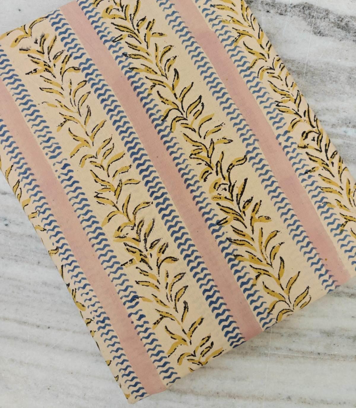 Striped Floral Cotton Fabric, Hand Block Print Fabric, Beige Blue Pink Stripe Fabric, Floral Vine Fabric, Dress Sewing Fabric By The Yard