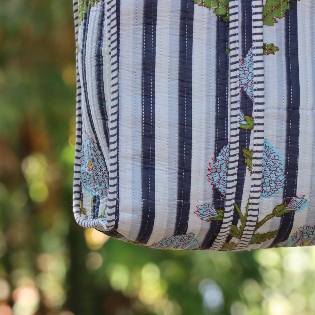 Handmade Quilted Floral Tote Bag | Striped Cotton Handbag | Everyday Carry Tote | Reusable Market Bag | Blue Flower Print Shoulder Bag