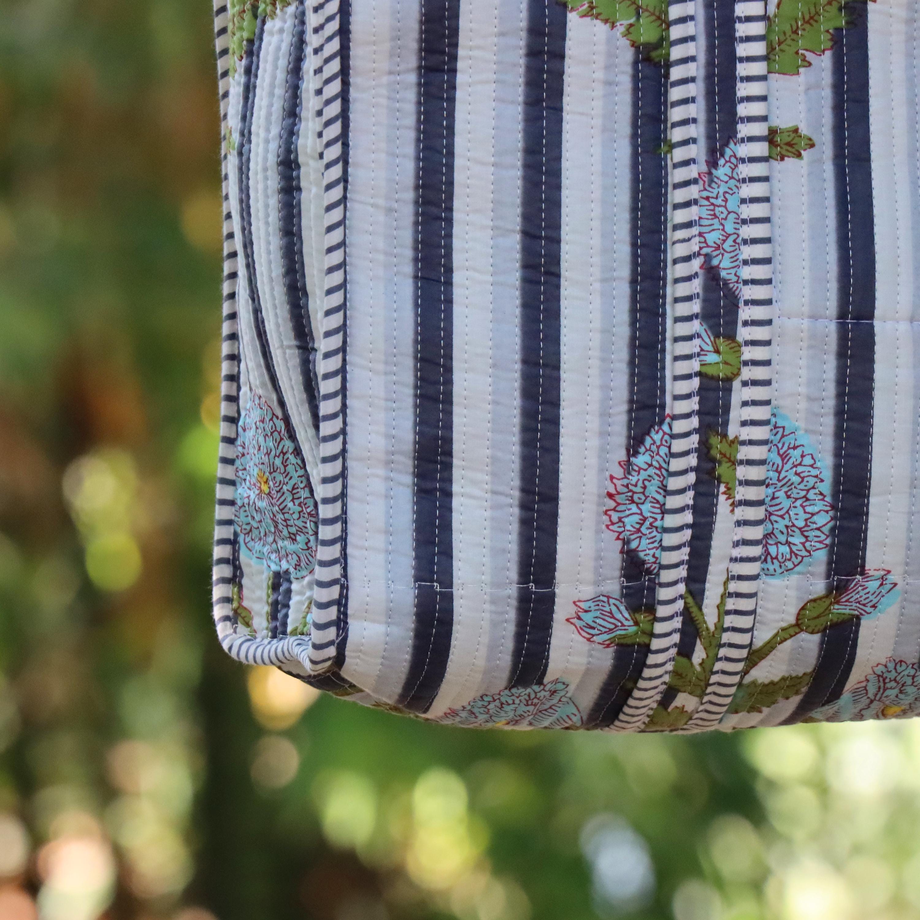 Handmade Quilted Floral Tote Bag | Striped Cotton Handbag | Everyday Carry Tote | Reusable Market Bag | Blue Flower Print Shoulder Bag