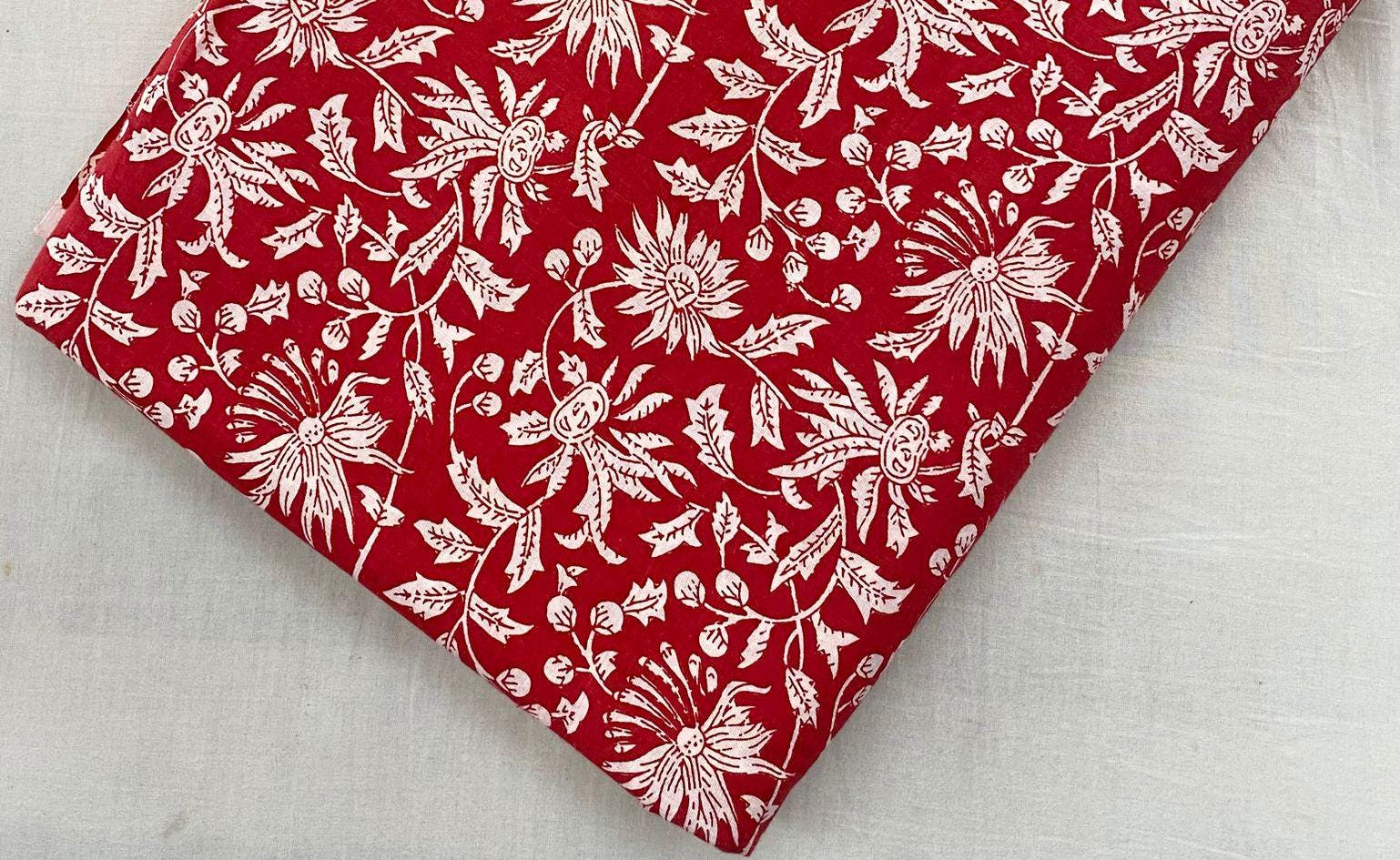 Red Beautiful Designer Hand Block Print Fabric, 100% Cotton Quilting Fabric By The Yard, Dressmaking Fabric, Loose Running Fabric