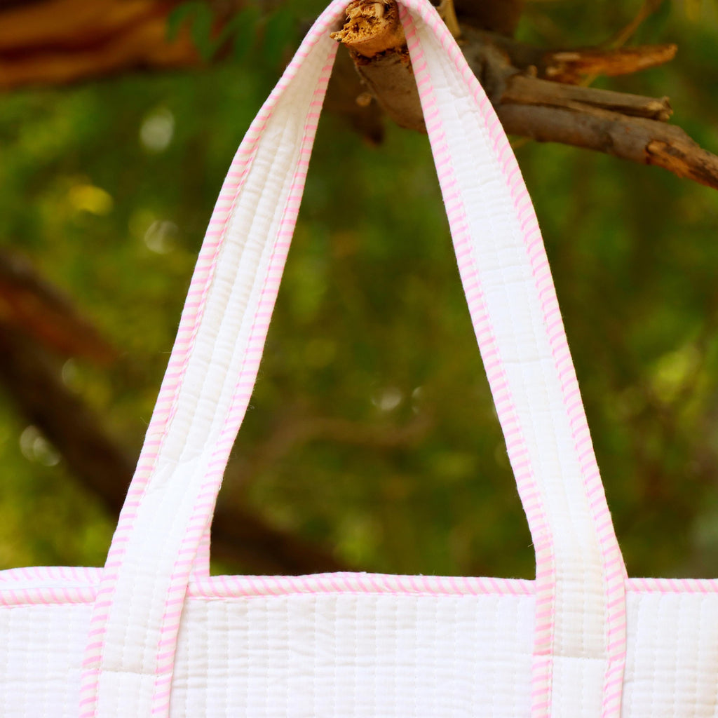 Hand Block White Cotton Floral Block Print Shoulder Bag, Handmade Quilted Tote Bag, Quilted Tote Bag, Indian Bags Shopping Bags, Women's Bag