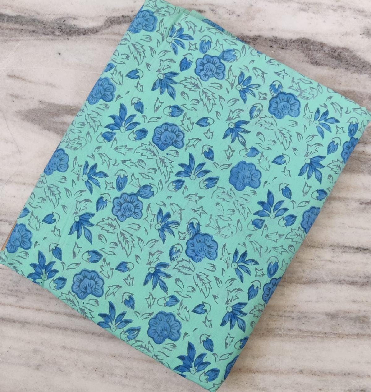 Blue Floral Cotton Fabric by the Yard | Mint Green Hand Block Print Fabric | Indian Soft Cotton for Quilting, Sewing, Dressmaking & Crafts