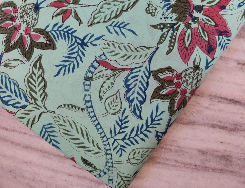 Green Multi-Color Indian Hand Block Print Fabric, Floral 100% Cotton Quilting Fabric By The Yard, Fabric Dress Making, Loose Running Fabric