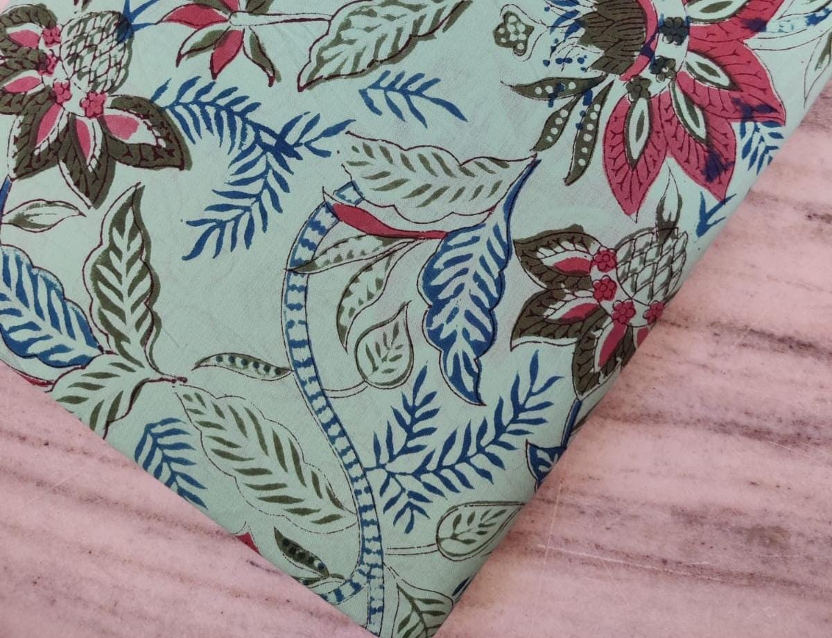 Green Multi-Color Indian Hand Block Print Fabric, Floral 100% Cotton Quilting Fabric By The Yard, Fabric Dress Making, Loose Running Fabric