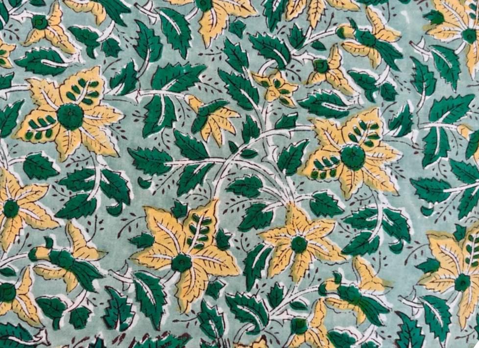 Green Floral Indian Hand Block Print Fabric, Yellow Flower Print 100% Soft Cotton Fabric By The Yard, Loose Running Fabric, Napkin Fabric
