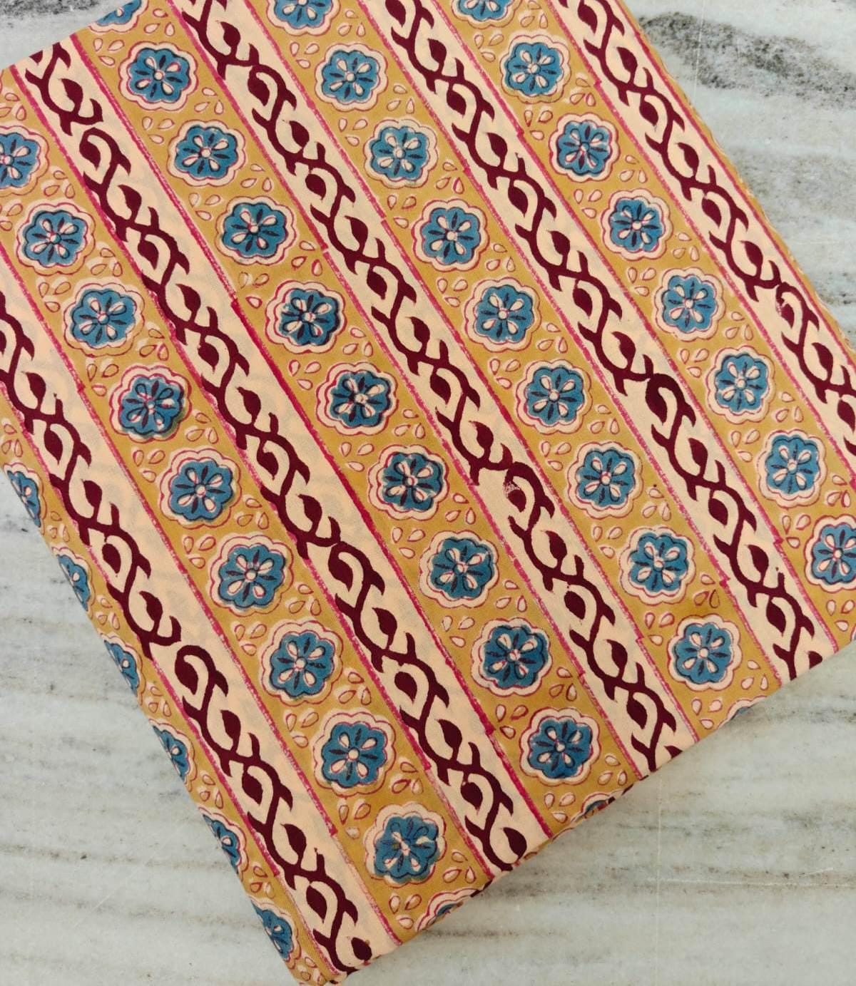 Yellow Floral Stripe Cotton Fabric, Indian Block Print Fabric by the Yard, Blue Red Flower Print, Vintage Buti Quilting Sewing Fabric