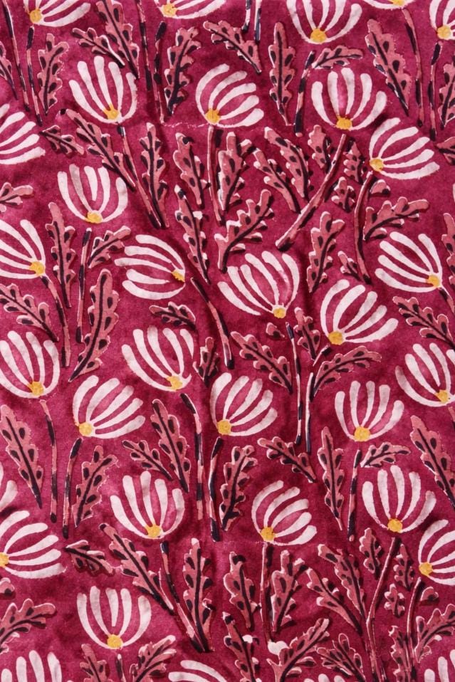 Pink Indian Hand Block Print Fabric, Floral 100% Cotton Quilting Fabric By The Yard, Fabric For Dress Making, Loose Running Fabric