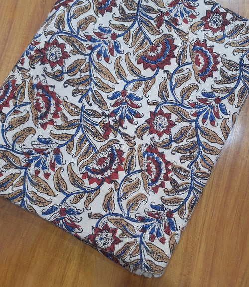 Beige Floral Cotton Fabric | Indian Block Print Fabric | Boho Botanical Textile | Red Blue Floral Pattern | Vintage Style Sewing Fabric