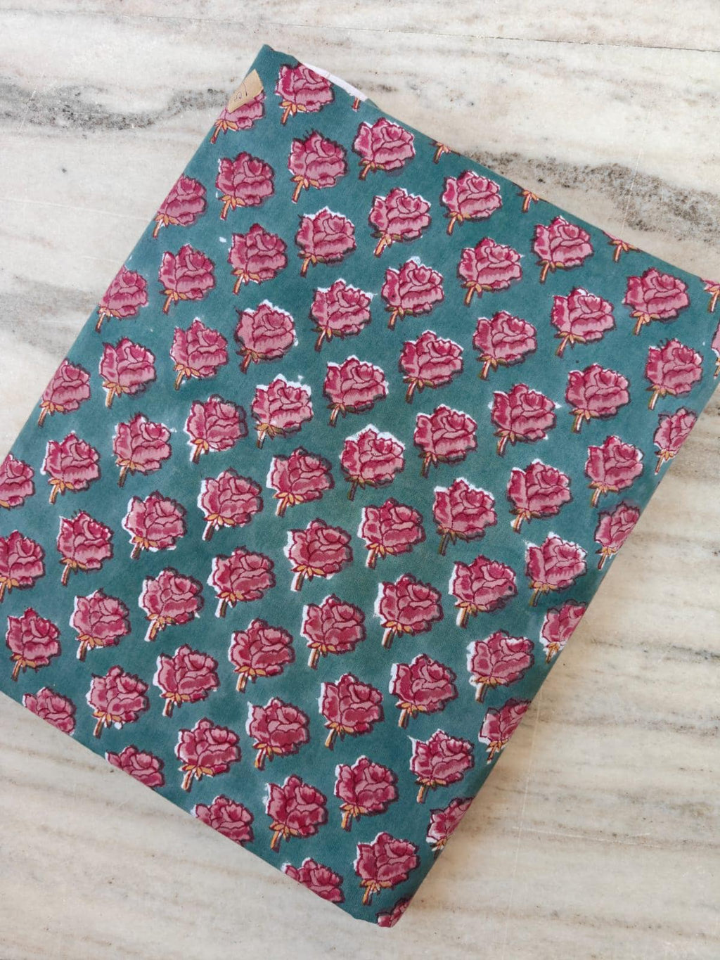 Teal Pink Floral Cotton Fabric, Small Block Print Flower Pattern, Indian Handmade Fabric, Boho Sewing Fabric by Yard, Loose Running Fabric