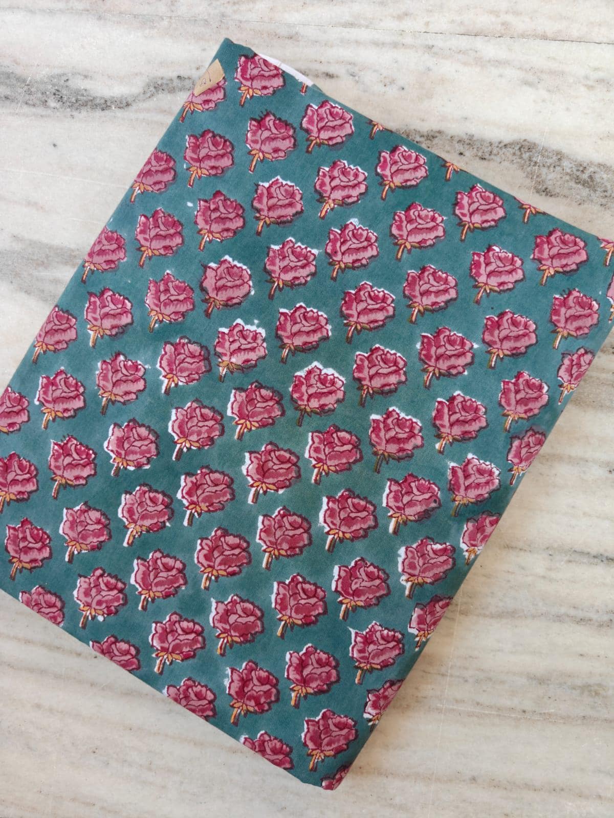 Teal Pink Floral Cotton Fabric, Small Block Print Flower Pattern, Indian Handmade Fabric, Boho Sewing Fabric by Yard, Loose Running Fabric