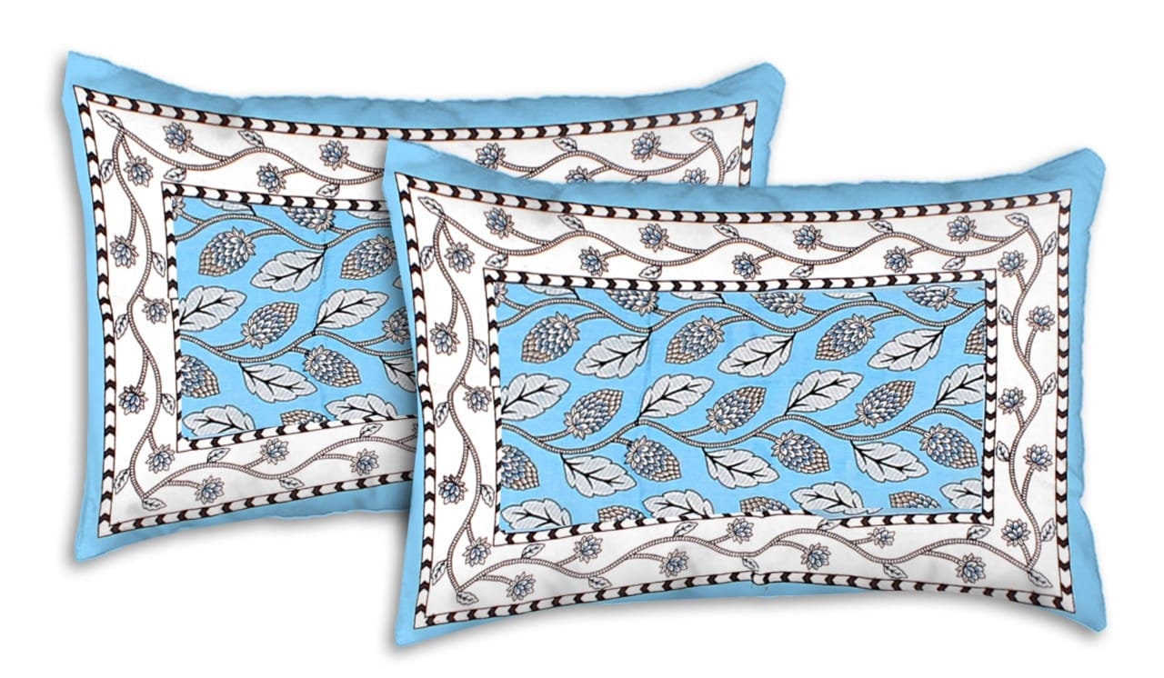 Turquoise Blue Cotton Bedsheet with Pillow Covers, Floral Block Print Bedding Set Soft Breathable Indian Bedspread Aqua Bed Linen Queen Size