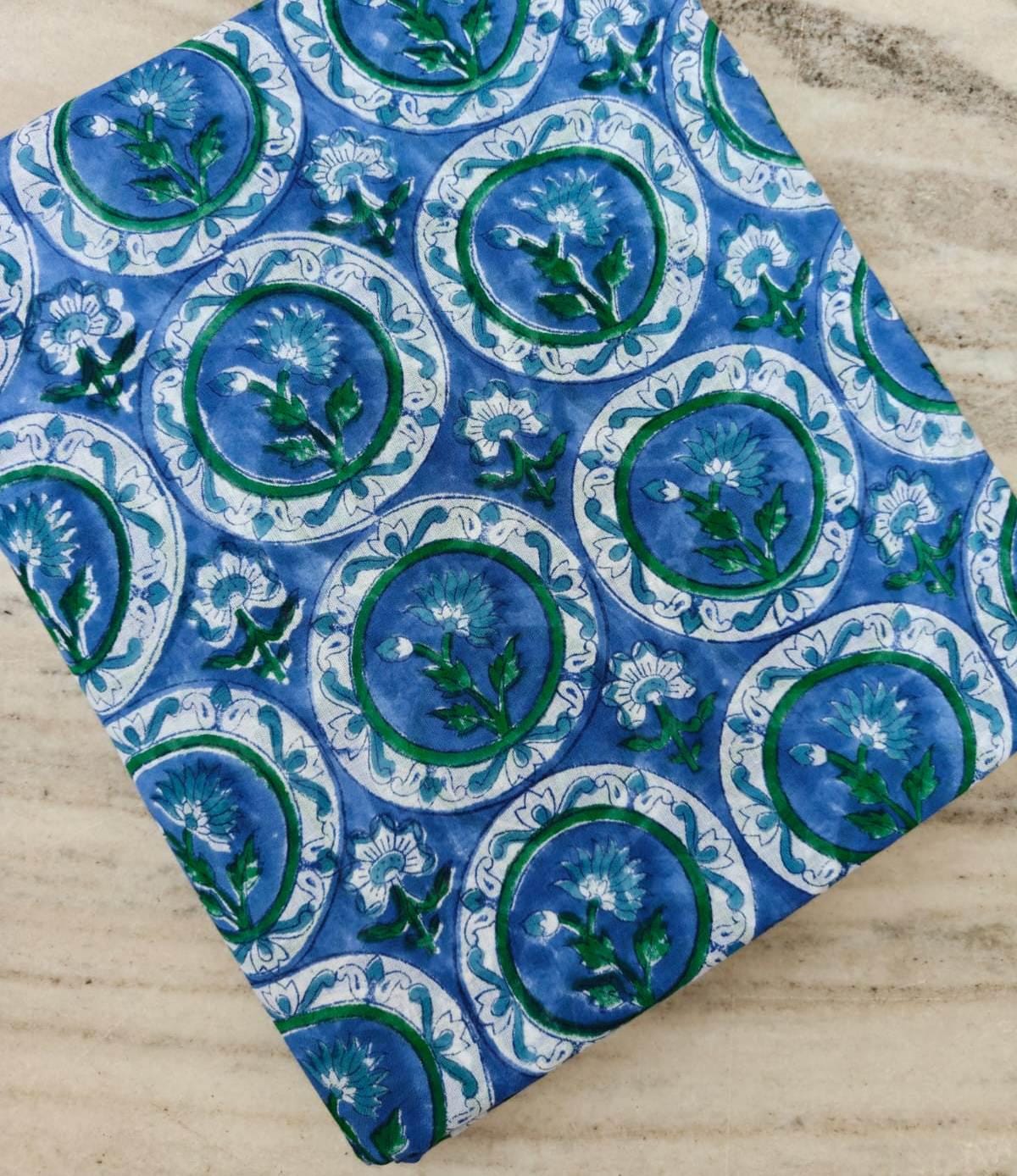 Blue Floral Cotton Fabric, Hand Block Print Fabric, Indian Cotton Textile, Boho Fabric by Yard Blue Green Flower Pattern Craft Sewing Fabric