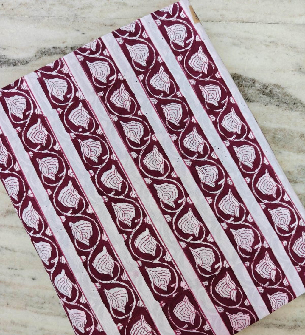 Hand Block Print Cotton Fabric, Burgundy Floral Stripe Fabric, Indian Cotton Textile, Maroon White Print, Soft Lightweight Fabric by Yard