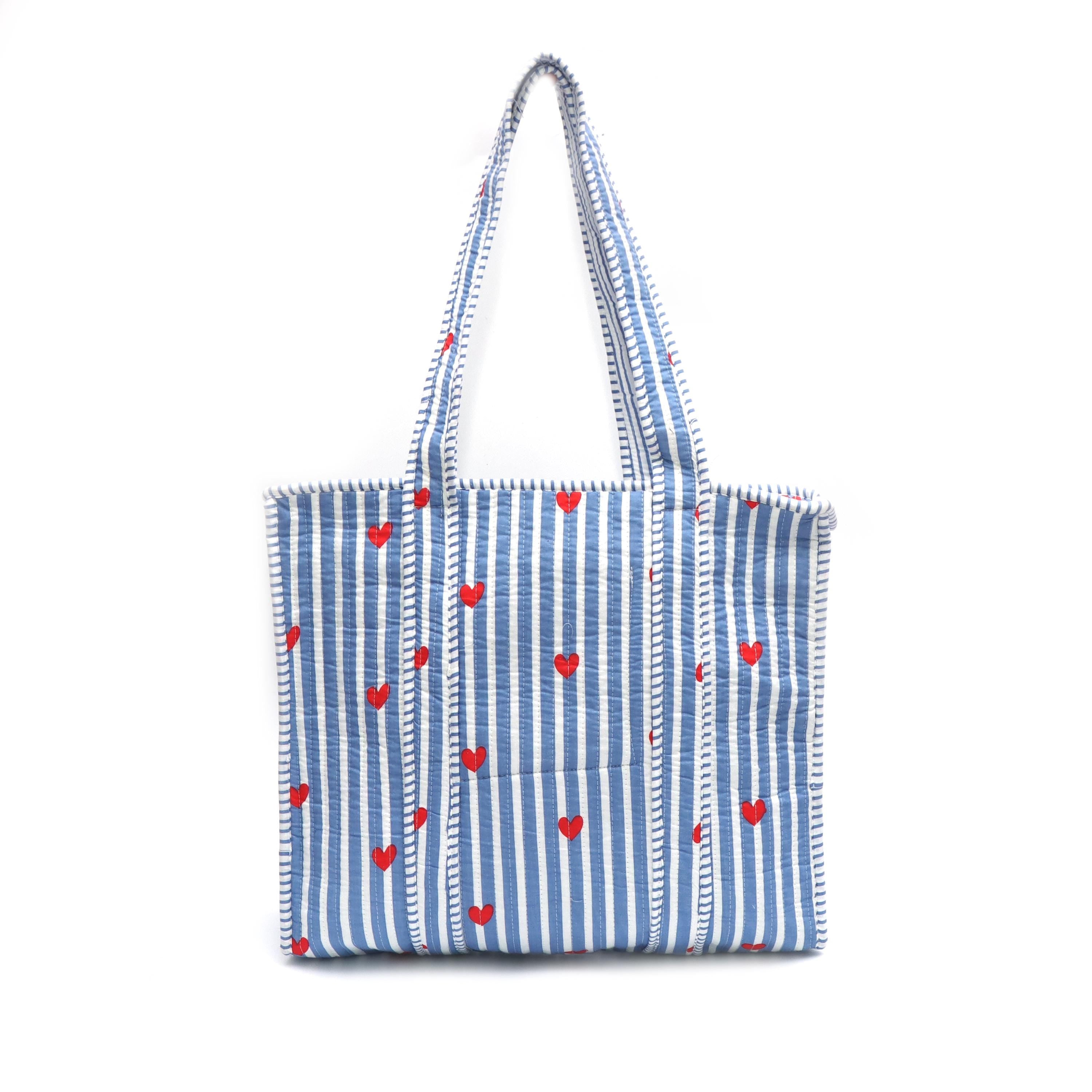 Blue Striped Heart Tote Bag, Quilted Cotton Shoulder Bag, Cute Valentine Tote, Red Heart Print Shopper Preppy Beach Bag Reusable Market Tote
