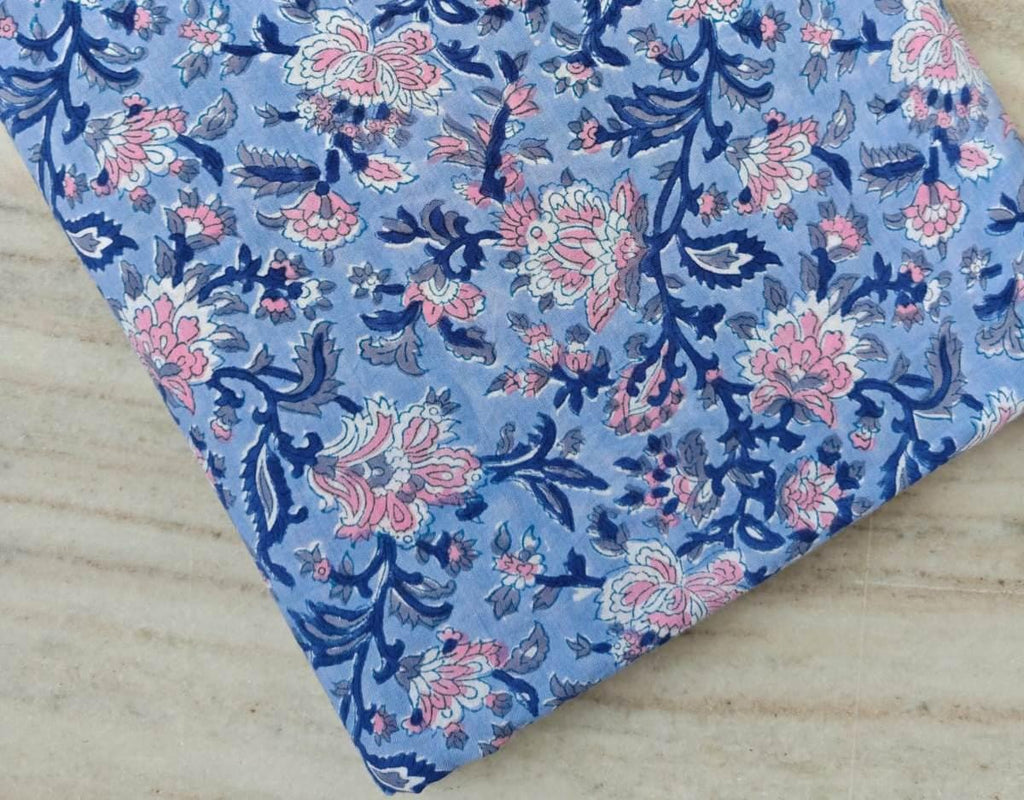 Blue Indian Hand Block Print Fabric, Soft Floral 100% Cotton Quilting Fabric By The Yard, Fabric For Dress Making, Loose Running Fabric