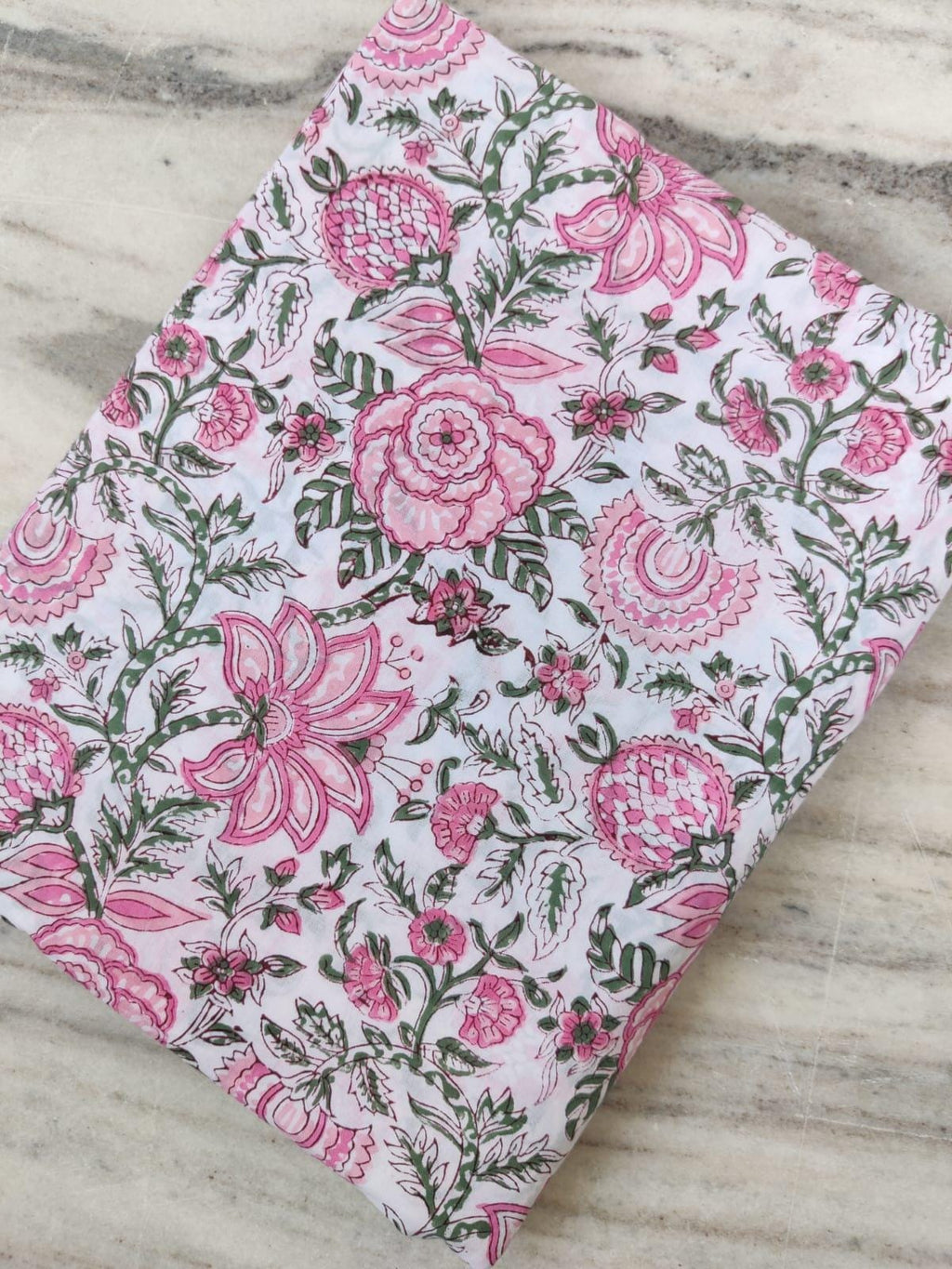 Pink Green Floral Cotton Fabric, Indian Hand Block Print by Yard, Soft White Fabric for Quilting, Dressmaking & Crafts, Textile Fabric Loose