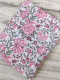 Pink Green Floral Cotton Fabric, Indian Hand Block Print by Yard, Soft White Fabric for Quilting, Dressmaking & Crafts, Textile Fabric Loose
