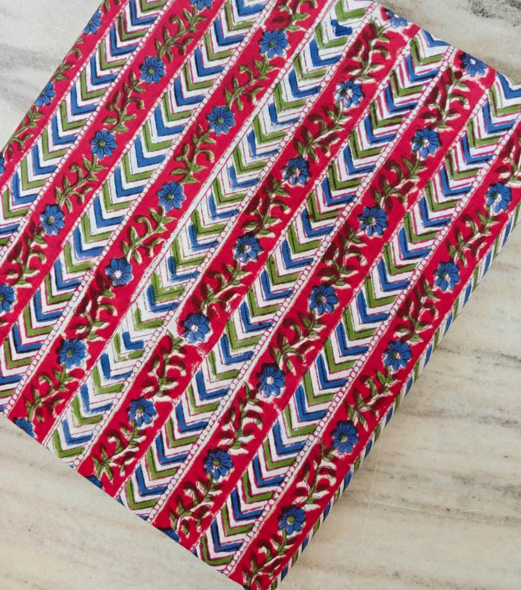 Red Chevron Floral Cotton Fabric, Indian Block Print Fabric, Blue Flower Stripe Cotton Fabric, Dressmaking Fabric, Fabric by the Yard