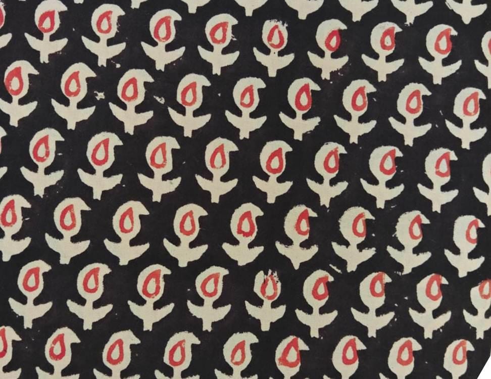 Black Floral Cotton Fabric Hand Block Print Fabric Red and Cream Flower Pattern Fabric By The Yard Handmade Textile for DIY Sewing Projects