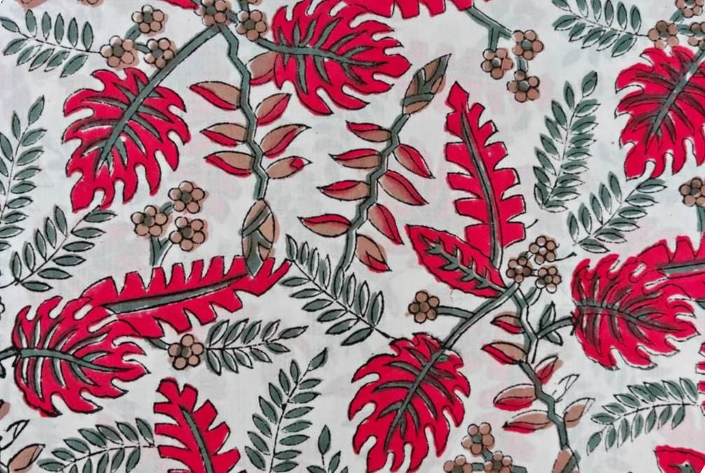Tropical Red Leaf Cotton Fabric, Botanical Floral Print Fabric, Lightweight Cotton Yardage, Summer Sewing Fabric Dress Quilting Craft Fabric