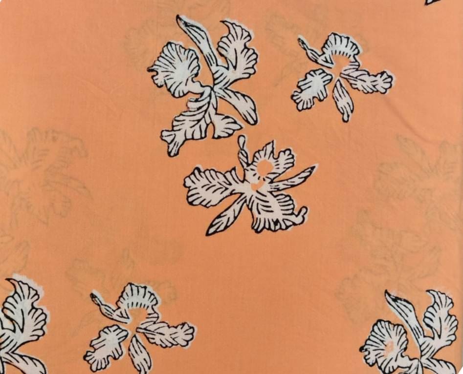 Peach Floral Cotton Fabric by the Yard, White Orchid Print, Soft Lightweight Dressmaking Fabric, Spring Summer Sewing Quilting Fabric