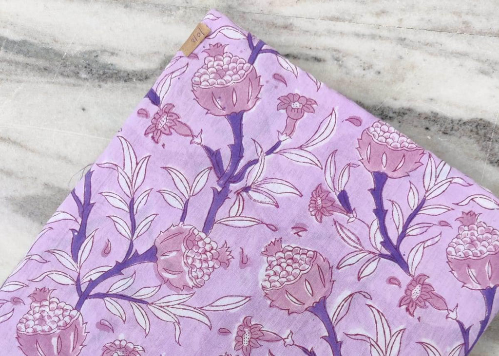 Lavender Pomegranate Cotton Fabric, Hand Block Printed Indian Fabric by Yard, Soft Quilting & Dressmaking Fabric, Textile Fabric Loose