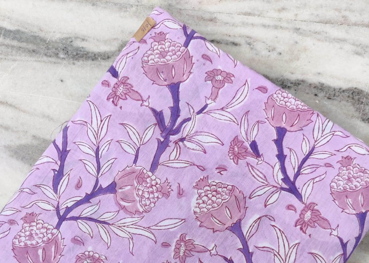 Lavender Pomegranate Cotton Fabric, Hand Block Printed Indian Fabric by Yard, Soft Quilting & Dressmaking Fabric, Textile Fabric Loose