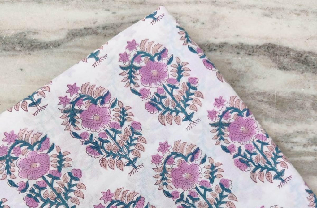 Pink Floral Cotton Fabric by the Yard, Soft Printed Quilting Fabric, Dressmaking Sewing Material, Boho Block Print Fabric and Home Decor